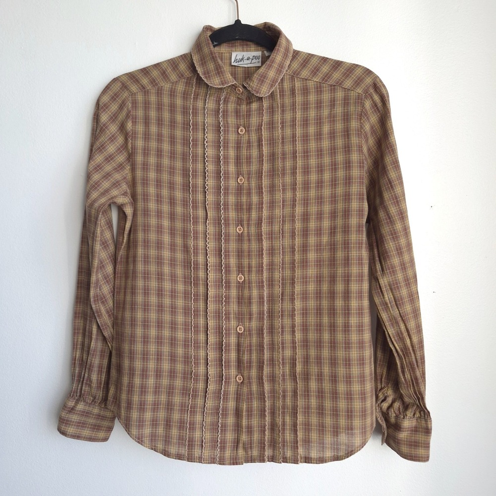 Huk-A-Poo Plaid Button Down Shirt Brown Sz 9/10 Vintage 70s Prairie Cottagecore